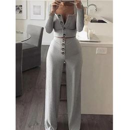Cardigan Slim Two Piece Set Women Knitted Tracksuit Sexy Crop Top Pants Solid Color Sweatpants Fitness Sweatsuit 2020 Fall T200821