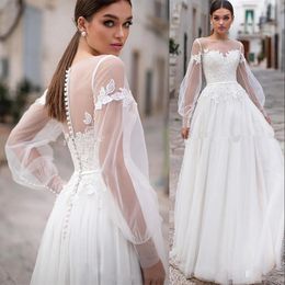 New Cheap Bohomian A Line Wedding Dresses Jewel Neck Sheer Appliques Lace Illusion Poet Long Sleeves Tulle vestido Boho Formal Bride Dress