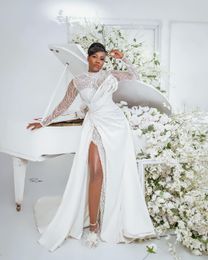 plus size arabic aso ebi sparkly beaded sexy wedding dresses high split bridal dresses long sleeves satin wedding gowns zj0533236E
