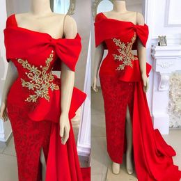 Red Beaded Sheath Prom Dresses Off The Shoulder Neck Sequined Peplum Evening Gowns Sweep Train Satin Side Split Formal Dress