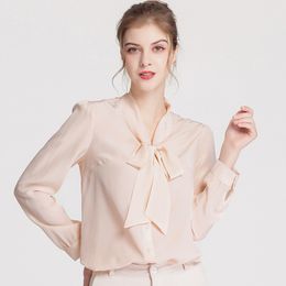 Women Blouses Natural Silk Shirt Women Long Sleeves Ladies Bow Neck 100% Silk Crepe Blouse Size M L XL XXL XXXL