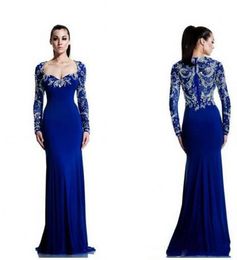 Royal Blue Prom Dresses FormaL Party Gowns Bridesmaid Lace Appliques V Neck Satin Tulle Sweep Train Evening robes de soirée