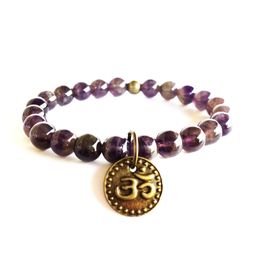 MG0840 8 mm Natural Gemstone Jewellery Amethyst Beaded Bracelet Ohm Charm Yoga Bracelet Womens Mala Balance Bracelet