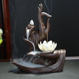 Ceramic Backflow Incense Burner Tathagata Buddha Lotus Incense Cones Stick Holder Smoke Waterfall Creative Home Bouddha Decor