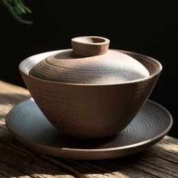Handmade ceramic gaiwan Stoneware tea cover bowl large unglazed Sancai cover bowl tea set accessories tea maker