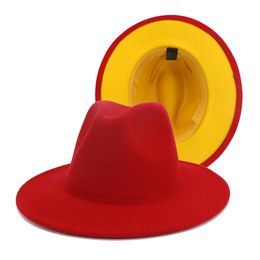 QBHAT Red Yellow Patchwork Wool Felt Panama Fedora Wide Brim Hat Flat Brim Top Jazz Cap for Ladies Women Men Casual Church Hat231j
