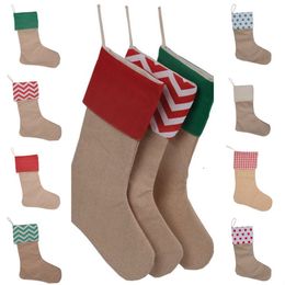 NEW 9 style Christmas stripe wave dot gift socks Christmas plain linen decorative socks canvas Gift Bag Christmas decorations T50089
