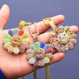 Fashion Diamond Sunflower revolving Pendant necklace full crystal design 18-karat gold chain 75cm long punk rock micro hip hop Jewellery