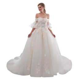 Wedding Dresses Bridal Gowns for Girls Off Shoulder Sleeveless Lace Applique Wedding Gowns Court Train robe de mariée custom made