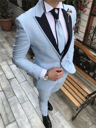 High Quality Groomsmen Peak Lapel Groom Tuxedos Baby Blue Men Suits Wedding Prom Man Blazer Jacket Pants Vest Tie M1534248u