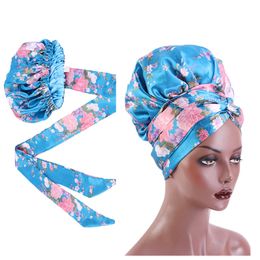 New Print Pattern Satin Bonnet With Long Ribbon Wrap Double Layer Headwrap Women Hair Cover Large Size Hair Wrap Cap Wholesales