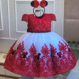 Red Lace Ball Gown Beaded Flower Girl Dresses For Wedding Pearls Backless Pageant Gowns Floor Length Tulle First Communion Dress