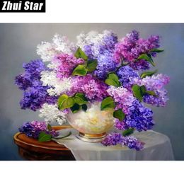 5D DIY Diamond Painting Needlework Square Full Diamond Embroidery Purple Lilac Flower Vase Painting Pattern Home Decor Gift