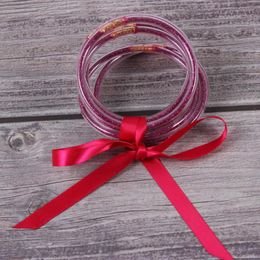 7PCS/Set hope and health green Colour Yarn Bowknot Christmas ribbon Gold Bangles Stack Silicone Plastic Glitter Bangles