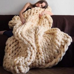 Fashion Hand Made Chunky Merino Wool Blanket Thick Big Yarn Roving Knitted Plaid Blanket Warm Throw Blanket For Sofa Plaid Cover LJ200819