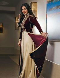 Moroccan Caftans Burgundy Formal Evening Dresses A Line Long Sleeve Embroidery Evening Gowns Floor Length Velour Vintage Prom Party Dress