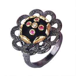 Italian Jewelry Vintage Gothic Sterling Silver Rings for Women Elegant Flower Black Gold Finger Rings Wedding Band Jewelry