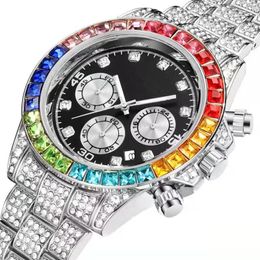 Fashion luxury designer stunning colorful full rhinestones diamond calendar date quartz battery watches for men women multi functi296T