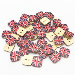 200PCS 15mm Natural Wood Square Button Sewing UK Flags Painted Buttons Scrapbook Crafts DIY Decorations Drop ship