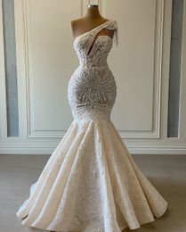 plus size arabic aso ebi luxurious lace beaded wedding dresses one shoulder mermaid bridal dresses vintage wedding gowns zj0553