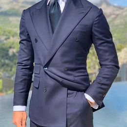 Double Breasted Men Suits Navy Blue Groom Tuxedos Peak Lapel Groomsmen Wedding/Prom Best Man 2 Pieces ( Jacket + Pants +Tie ) L566