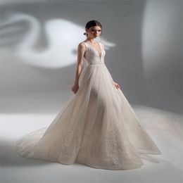 2021 A-line Wedding Dresses Large Lattice Lace Sequins Appliqued Bridal Gown Backless Illusion Custom Made Beach Robes De Mariée
