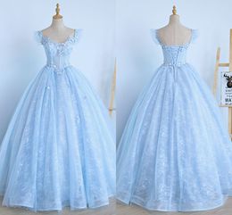 Light Blue Lace Quinceanera Dresses Hand Made Flowers Flared sleeves Unique Neckline Backless Corset Back Princess Sweet 15 Party PageanT