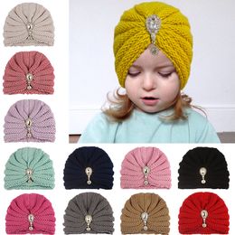 15647 Autumn Winter Baby Girls Knitted Hat Dimond Pendant Child Headwear Toddler Kids Warm Beanies Turban Hats Children Hats 12 Colors