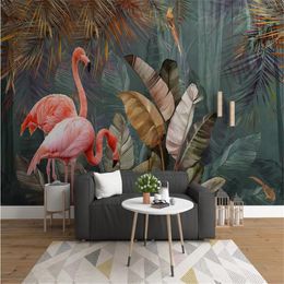 Milofi custom non-woven wallpaper Nordic modern minimalist tropical plant forest flamingo background wall painting