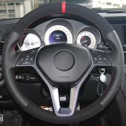 For Benz A B Class 2013-2015 Custom Made DIY Black Leather Suede Steering Wheel Cover Anti-slip fit all season car accessories