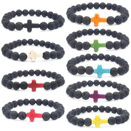 Factory direct sale Lava Stone Beads Bracelets Volcanic lava Bracelet Multicoloured Cross Bracelet Christian energy Bracelet
