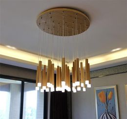 Nordic solid wood matchstick oak led chandelier post-modern living room LED pendant light creative dining bar counter log art lamp