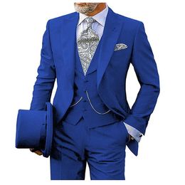 Custom Made Groomsmen Peak Lapel Groom Tuxedos Royal Blue Men Suits Wedding/Prom/Dinner Best Man Blazer ( Jacket+Pants+Tie+Vest ) K674