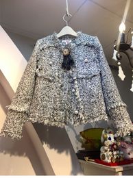 Novo outono moda feminina com decote em bico e franja com strass laço remendado tweed casaco de lã engrossado casacos plus size SML