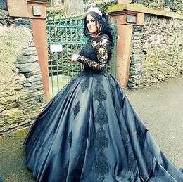 Illusion Long Sleeve Black Prom Ball Gown Quinceanera Dresses 2021 Jewel Floral Lace Applique Muslim Evening Dress Graduation Sweet 16 Dress