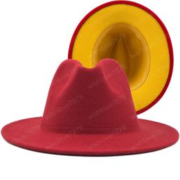 winter Outer red Inner yellow Wool Felt Jazz Fedora Hats with Thin Belt Buckle Men Women Wide Brim Panama Trilby Cap