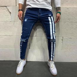 Mens Jeans Trendy Men Skinny Biker Destroyed Frayed Denim Ripped Pants Side Stripe Pencil Hip Hop Streetwear