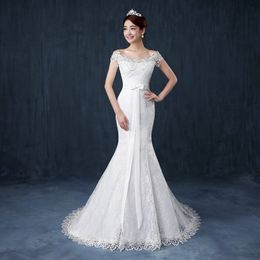 Free shipping High-grade Mermaid court train wedding dresses 2020 New Design White Lace Princess Beading Frock Bridal Ball Gowns