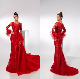 Feather Mermaid Modest Prom Dresses with Detachable Train Full Lace Long Sleeve Red Formal Evening Gowns Vestidos De Soiree