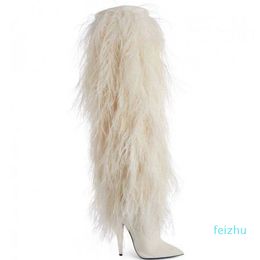 Hot SALE-2018 nuovi stivali moda scarpe a punta pelliccia bianca tacchi alti donne invernali stivali alti alla coscia scarpe da donna botas scarpe da festa