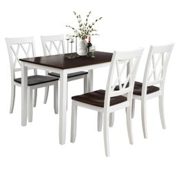 -EU Stock armazém 5-Piece Set Branco + Cereja de jantar de madeira Set Tabela Home Kitchen Table and Chairs SH000088AAK jantar