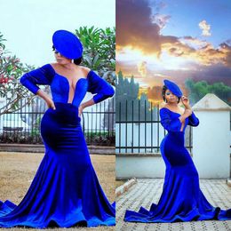 Royal Blue Velvet Prom Dresses Sheer Illsuion Deep V Neck Long Sleeve Evening Gowns Sexy Backless Mermaid Party robes de mariée