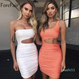 Hot Sale Forefair New Ruched Bodycon Summer Women Backless Mini Party Dresses 2018 One Shoulder Sleeveless Sexy Dress
