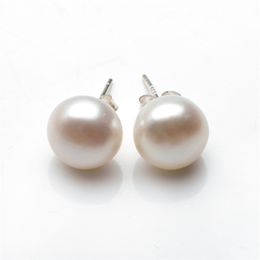 Big Size Pearl Studs Earrings Button Freshwater White Pearls 925 Sterling Silver Women Jewelry