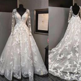 Elegant Lace Dresses Illusion Long Sleeves V Neck Chapel Train Wedding Dress Bridal Gowns Cheap