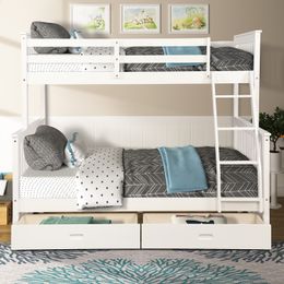 US STOCK, Twin Over Full Bunk Bed furniture with Ladders Two Storage Drawers White bedroom furniture LP000065KAA