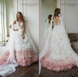 Newest Anna Kuznetcova Wedding Dresses With Detachable Train V-neck Tiered Tulle Blush Applique Bridal Gown Custom Made Wedding Dress