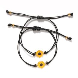 Bohemian Enamel Sunflower Charms strand Braided Bracelet Sister Love Friendship Child Adjustable Rope Daisy Wristband Jewelry Card Gift