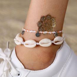 Bohemian Shell Carved Coin Anklets Barefoot Sandals Jewelry Handmade Bead Anklet Set Foot Ankle Bracelets For Women Leg Chain