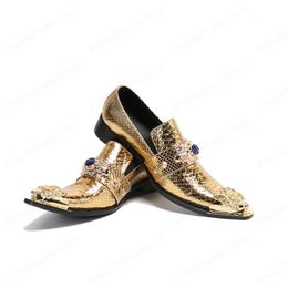 Gold Genuine Leather Men Shoes Metal Pointed Toe Business Dress Shoes Plus Size Men Wedding Party Formal Leather Shoes Slip On Large size